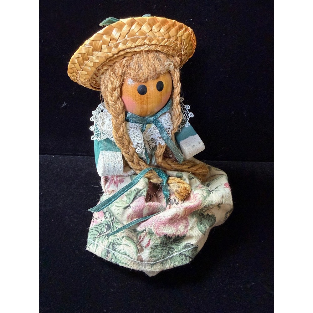 Vintage Handmade Wooden Peg Doll Floral Skirt Straw Hat Folk Art Decor 5 Inch